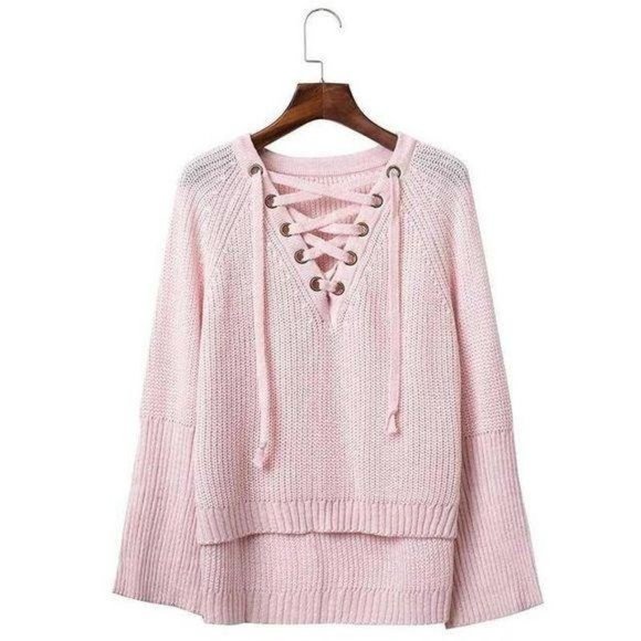 BLVD LaceUp V Neck Chunky Knit Relaxed Sweater NWT - Picture 12 of 15